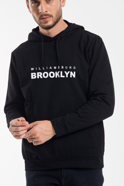 Erkek Kapşonlu Rahat Kalıp İnce Wıllamsburg Brooklyn Baskılı Swetashırt spr24sw123