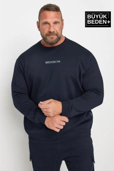 Erkek Orta Brooklyn Baskılı Büyük Beden İnce Bisiklet Yaka Swatshırt SPR25BSW60