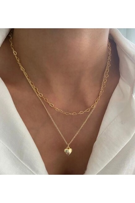 Kadın Altın Kaplama İkili Zincir Kalp Kolye SPRTAKI105