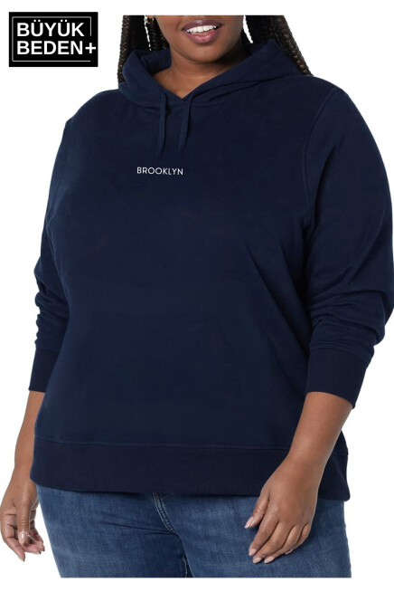 Kadın  Orta Brooklyn Baskılı Büyük Beden İnce Kapşonlu Swatshırt SPR25BSWk61