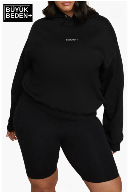 Kadın  Orta Brooklyn Baskılı Büyük Beden İnce Kapşonlu Swatshırt SPR25BSWk61