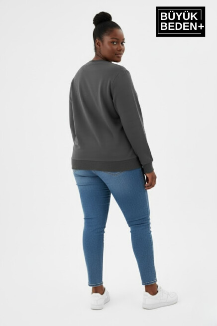 Kadın Büyük Beden AR Baskılı Yaka Kollar Etek Ribana Bisilet Yaka Sweatshirt SPR26BSWK956-1