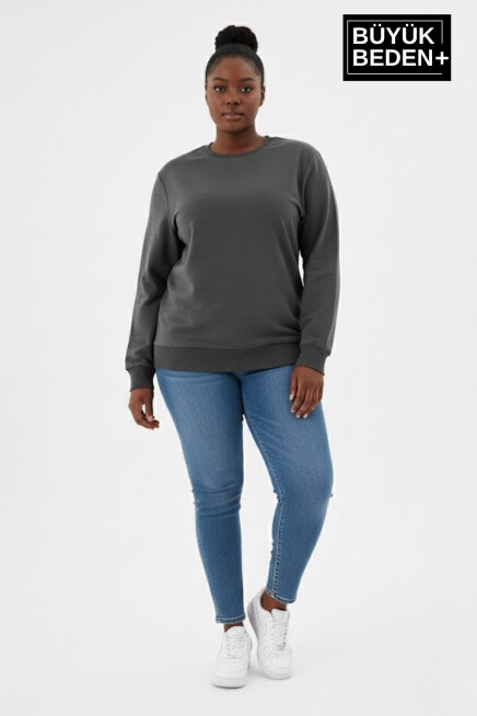 Kadın Büyük Beden Bisiklet Yaka Kollar ve Etek Ribanalı İnce Sweatshirt SPR26BSWK956