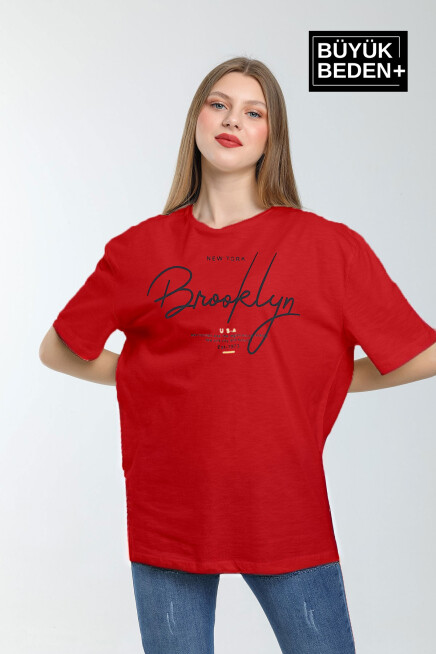 Kadın Büyük Beden El Yazılı Brooklyn Baskılı Bisiklet Yaka Tshırt SPR25BTSK12