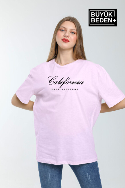 Kadın Büyük Beden El Yazılı California Baskılı Bisiklet Yaka Tshırt SPR25BTSK13