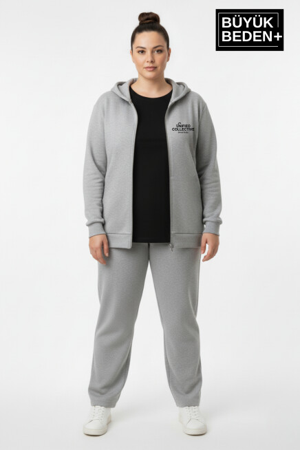 Kadın Büyük Beden  Fermuarlı Kapüşonlu Unified Baskılı Sweatshirt Hırka SPR26BHRK924