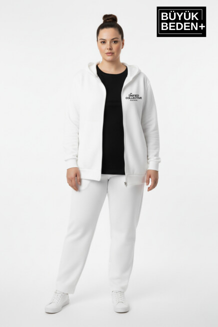 Kadın Büyük Beden  Fermuarlı Kapüşonlu Unified Baskılı Sweatshirt Hırka SPR26BHRK924