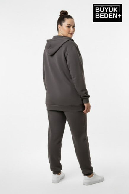 Kadın Büyük Beden Kapüşonlu Fermuarlı N Baskılı Sweatshirt Hırka SPR26BHRK922