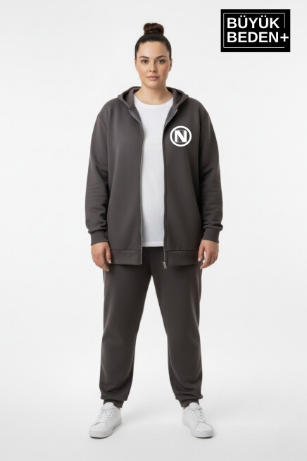 Kadın Büyük Beden Kapüşonlu Fermuarlı N Baskılı Sweatshirt Hırka SPR26BHRK922