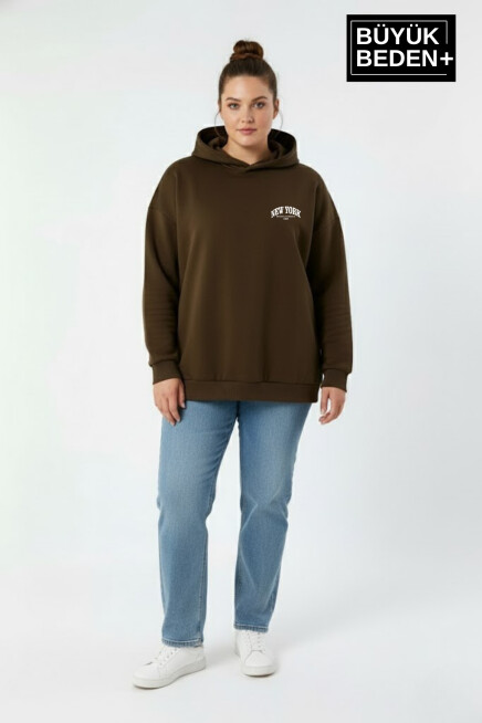 Kadın Büyük Beden New York Baskılı Kapüşonlu Sweatshirt SPR26BSWK962