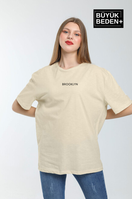 Kadın Büyük Beden Orta Brooklyn Baskılı Bisiklet Yaka Tshırt SPR25BTSK11