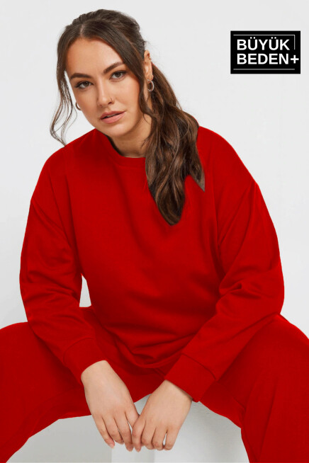 Kadın Büyük Beden Bisiklet Yaka İnce Sweatshirt SPR24BSWK56