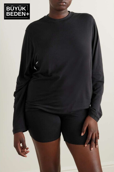Kadın Büyük Beden Uzun Kollu 2 İplik Bisiklet Yaka Tişört
