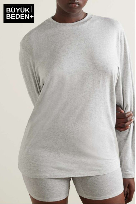 Kadın Büyük Beden Uzun Kollu 2 İplik Bisiklet Yaka Tişört