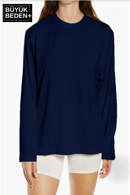 Kadın Büyük Beden Uzun Kollu 2 İplik Bisiklet Yaka Tişört