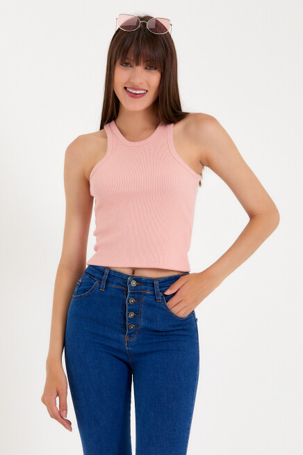 Süperlife Kadın Crop Örme Arkası Yüksek Yaka Slim Fit  Atlet-Tişort SPR21Y11
