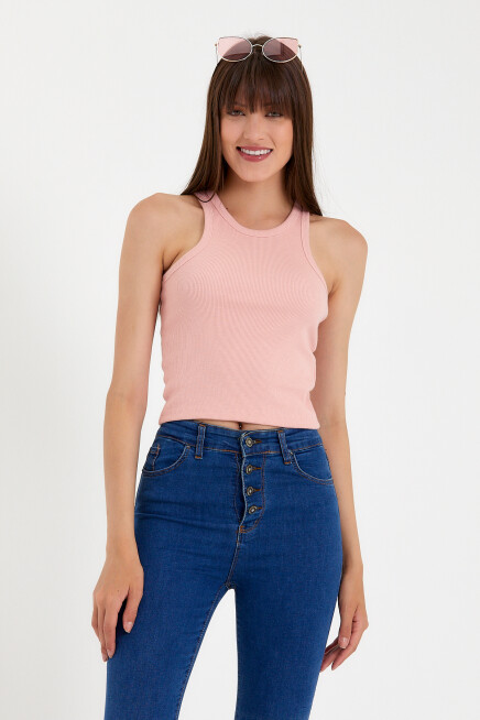 Süperlife Kadın Crop Örme Arkası Yüksek Yaka Slim Fit  Atlet-Tişort SPR21Y11