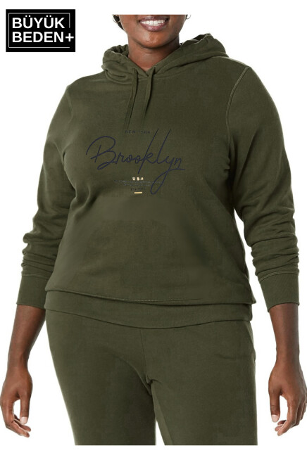 Kadın El Yazılı Brooklyn Baskılı Büyük Beden İnce Kapşonlu Swatshırt SPR25BSWK58