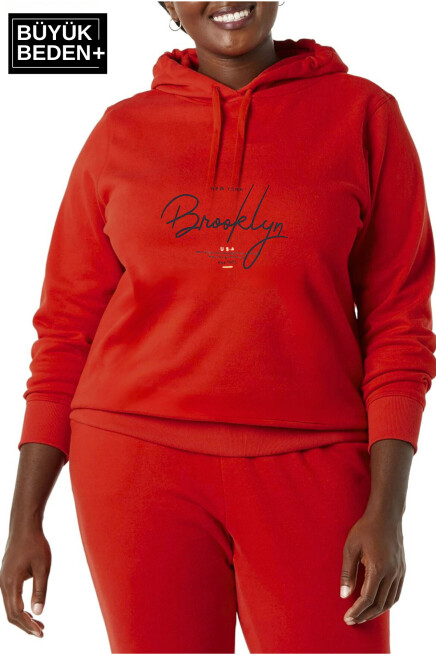Kadın El Yazılı Brooklyn Baskılı Büyük Beden İnce Kapşonlu Swatshırt SPR25BSWK58
