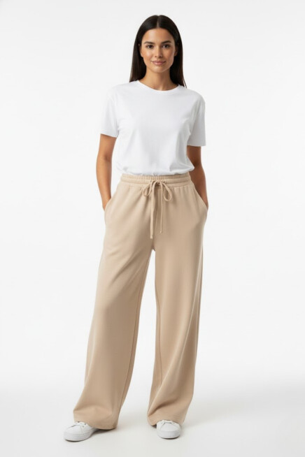 Kadın İki İplik Rahat Kalıp Yüksek Bel Geniş Paça Pantolon SPR26EAK988