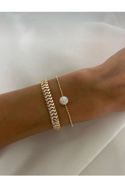 Kadın İnci Detaylı Gold İkili Kombin Bileklik Seti – Zarif Zincir & Kalın Model SPRTAKI101