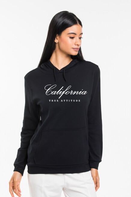 Kadın Kapşonlu Rahat Kalıp İnce El Yazılı Californıa Baskılı Swetashırt spr24swk121
