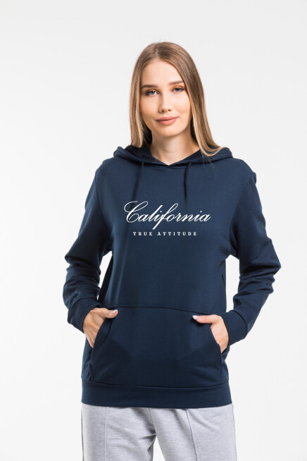 Kadın Kapşonlu Rahat Kalıp İnce El Yazılı Californıa Baskılı Swetashırt spr24swk121