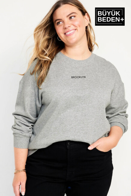 Kadın Orta Brooklyn Baskılı Büyük Beden İnce Bisiklet Yaka Swatshırt SPR25BSWK60