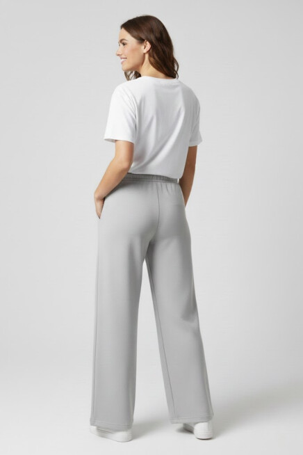 Kadın Yumuşak Hafif Nefes Alabilen Kumaş Geniş Paça Pantolon – Rahat Kalıp – Yüksek Bel – Grey