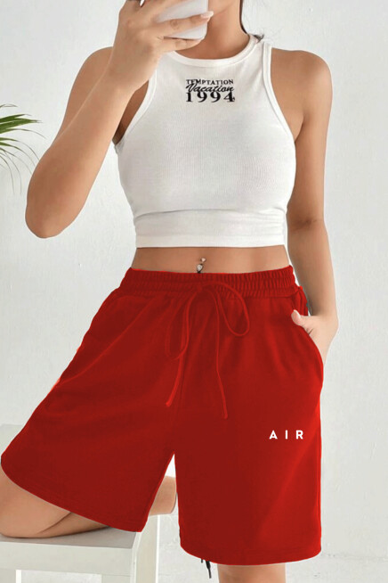 Kadın Rahat Kalıp Beli Lastikli Cepli Basklı Şort spr24srk52