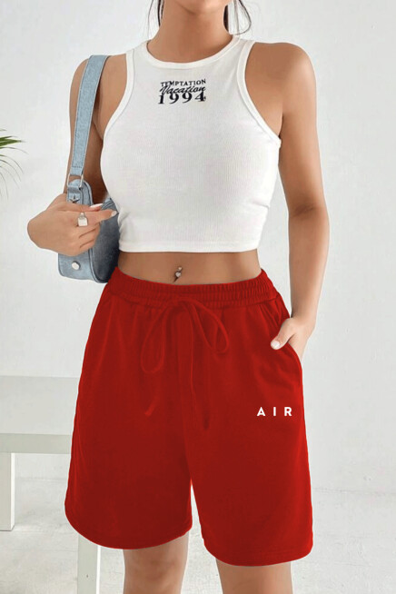 Kadın Rahat Kalıp Beli Lastikli Cepli Basklı Şort spr24srk52