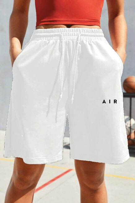 Kadın Rahat Kalıp Beli Lastikli Cepli Basklı Şort spr24srk52