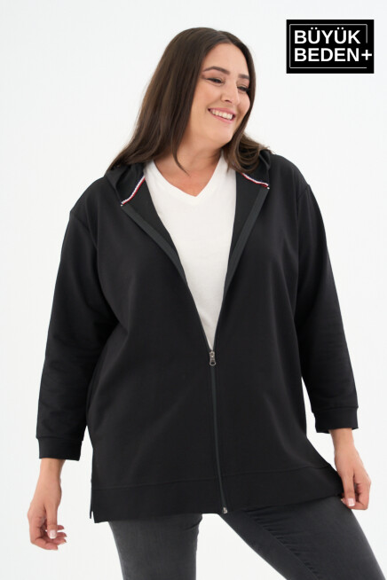 Kadın Tunik Büyük Beden Fermuarlı Kapşonlu Sweat Hırka SPR26BTK955