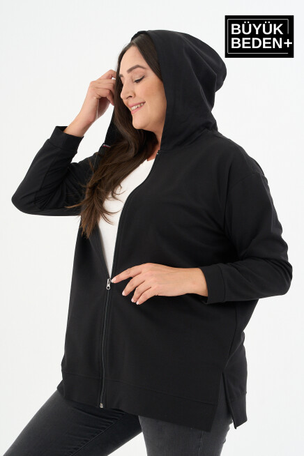 Kadın Tunik Büyük Beden Fermuarlı Kapşonlu Sweat Hırka SPR26BTK955