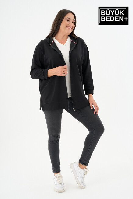 Kadın Tunik Büyük Beden Fermuarlı Kapşonlu Sweat Hırka SPR26BTK955