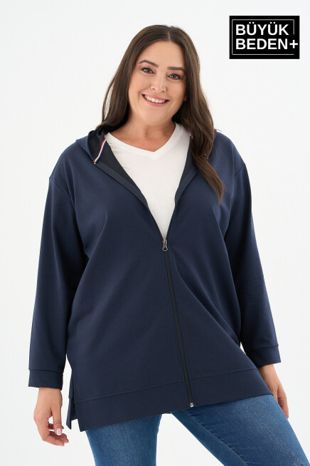 Kadın Tunik Büyük Beden Fermuarlı Kapşonlu Sweat Hırka SPR26BTK955