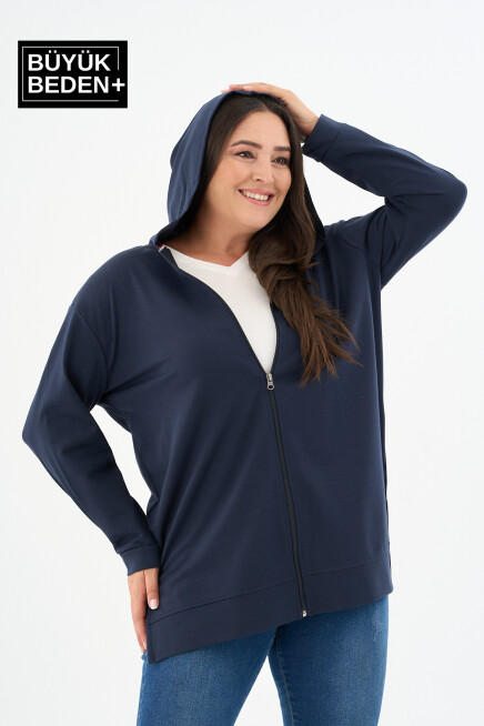 Kadın Tunik Büyük Beden Fermuarlı Kapşonlu Sweat Hırka SPR26BTK955