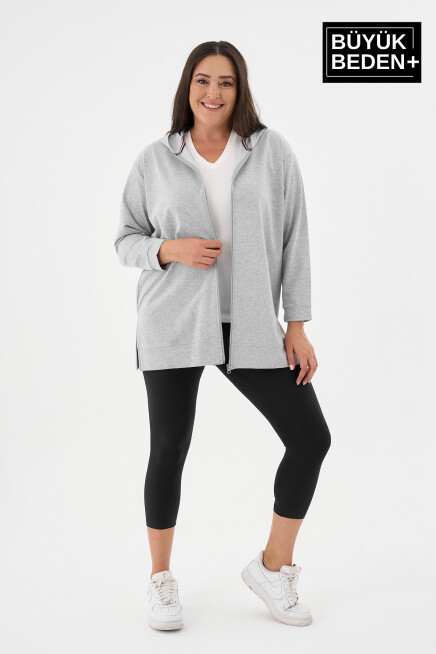Kadın Tunik Büyük Beden Fermuarlı Kapşonlu Sweat Hırka SPR26BTK955
