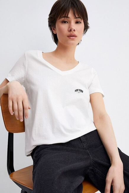 Kadın V Yaka New York Tshirt SPR25TSK20