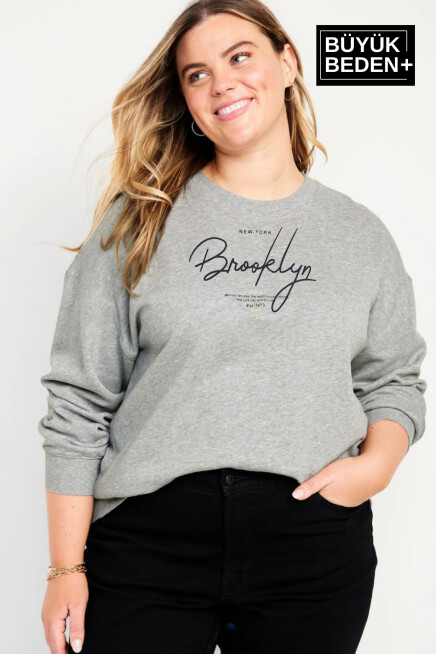 Kadın El Yazılı Brooklyn Baskılı Büyük Beden İnce Bisiklet Yaka Swatshırt SPR25BSWK59