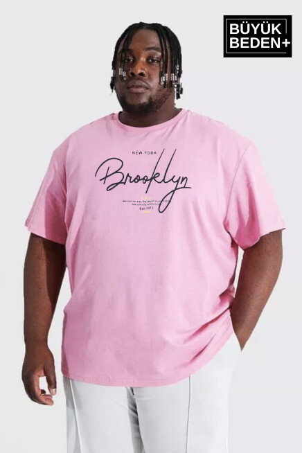 Erkek Büyük Beden El Yazılı Brooklyn Baskılı Bisiklet Yaka Tshırt SPR25BTS12