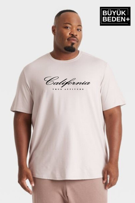 Erkek Büyük Beden El Yazılı California Baskılı Bisiklet Yaka Tshırt SPR25BTS13