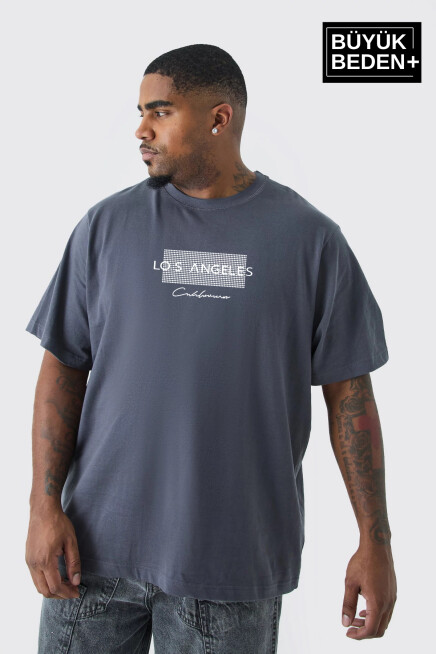  Erkek Büyük Beden Las Angeles Baskılı Bisiklet Yaka Tshırt SPR25BT909