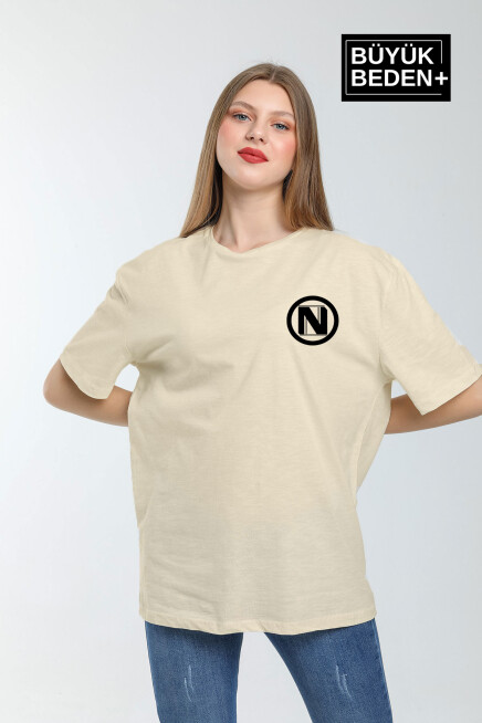 Kadın Büyük Beden N Baskılı Bisiklet Yaka Tshırt SPR25BTSK902
