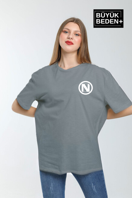 Kadın Büyük Beden N Baskılı Bisiklet Yaka Tshırt SPR25BTSK902