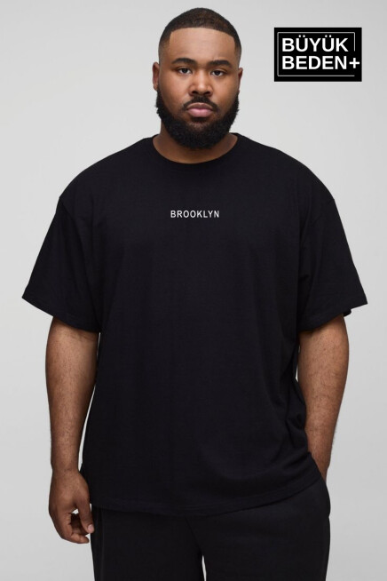 Erkek Büyük Beden Orta Brooklyn Baskılı Bisiklet Yaka Tshırt SPR25BTS11