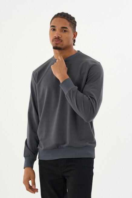 Süperlife Erkek Gri Bisiklet Yaka Ribanalı Regular Fit Sweatshirt spr26swk930