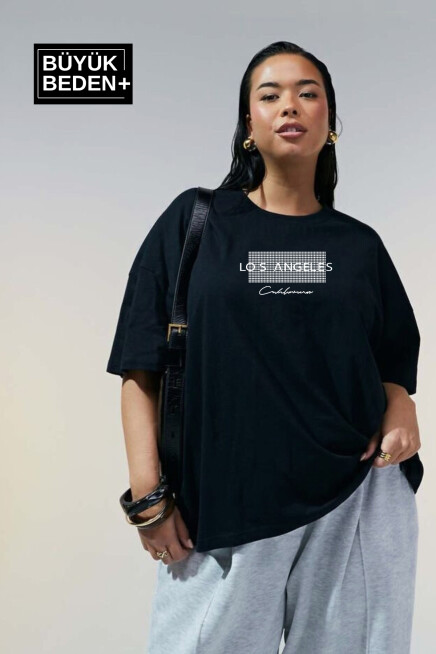 Kadın Büyük Beden Las Angeles Baskılı Bisiklet Yaka Tshırt SPR25BTK909