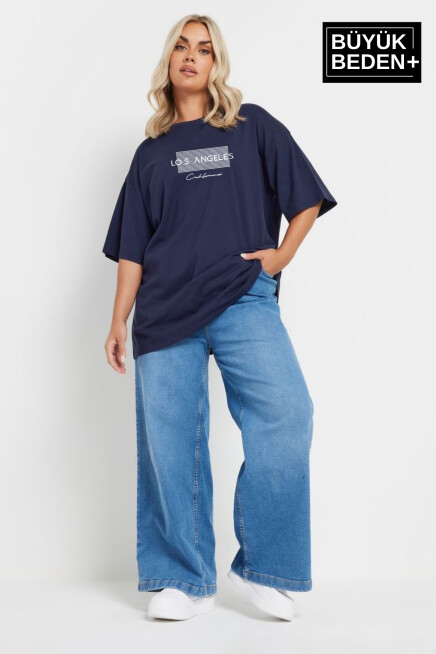 Kadın Büyük Beden Las Angeles Baskılı Bisiklet Yaka Tshırt SPR25BTK909