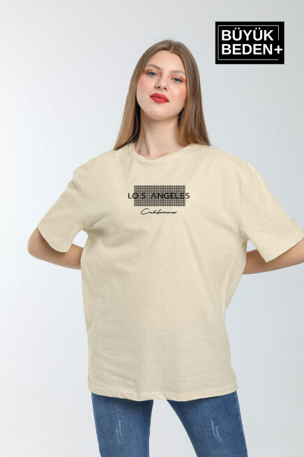 Kadın Büyük Beden Las Angeles Baskılı Bisiklet Yaka Tshırt SPR25BTK909